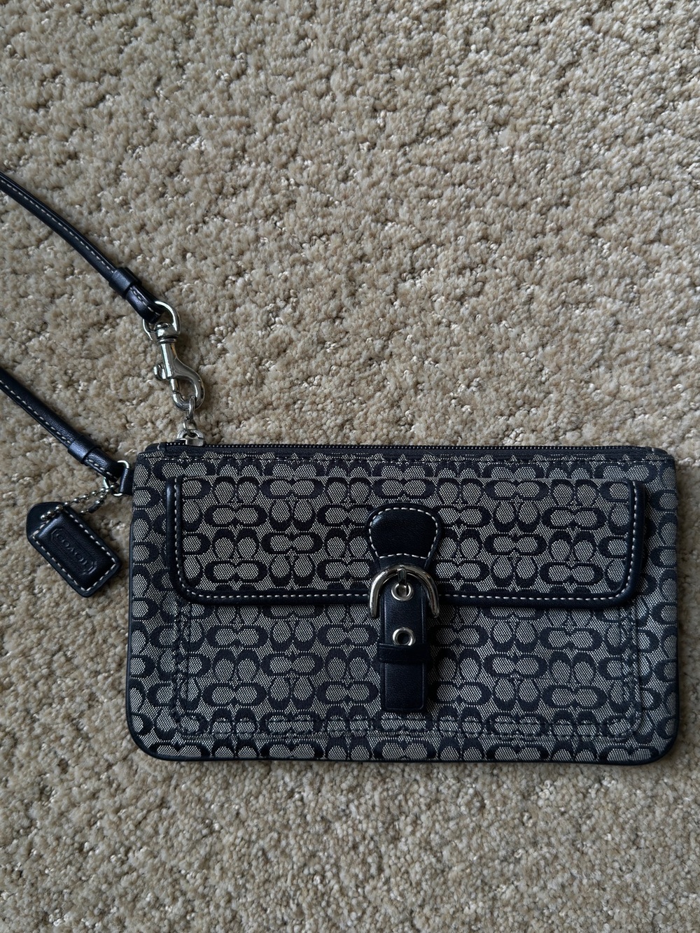 Coach Black Signature Canvas Wristlet with Buckle Detail